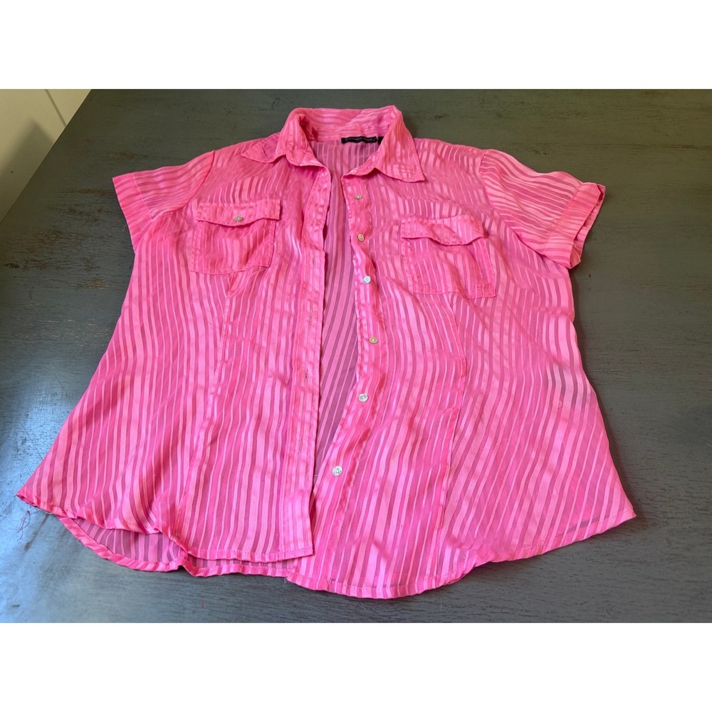 ESSENTIALS BY MILANO Pink Sheer Striped Short Sleeve Button Up Fuchsia  XL